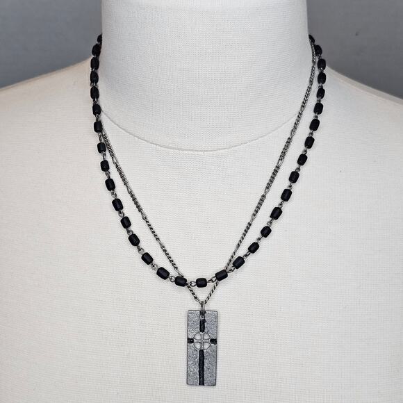 Cross Necklace Unisex Double Layer Metal Tag Black Silvertone 20 in long AERO - Picture 1 of 9